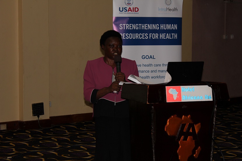 Rebecca Nabwire Principal Labour Officer in charge of Inspectorate at the Ministry of Gender Labour and social development speaking at the workshop